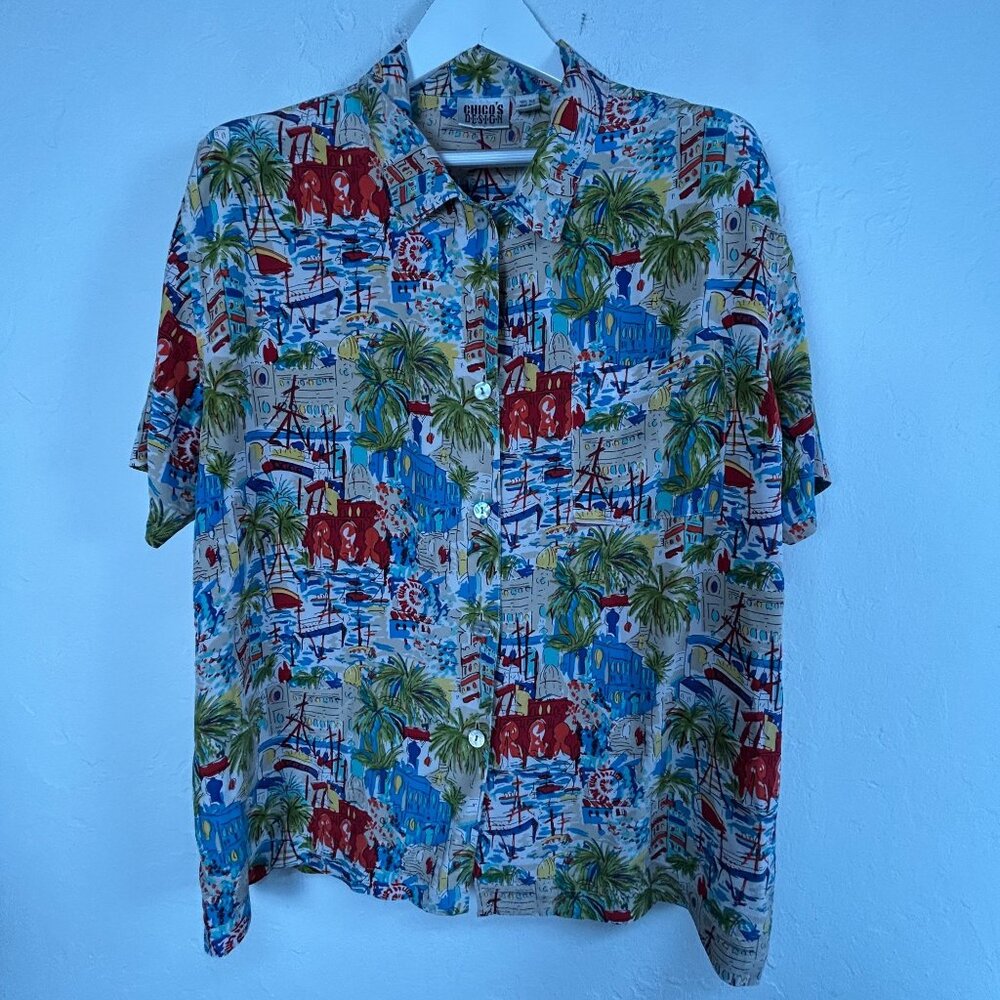 Vintage Chico's Design Womens 80s Silk Beach Front Scenic Hawaiian Blouse Size 3